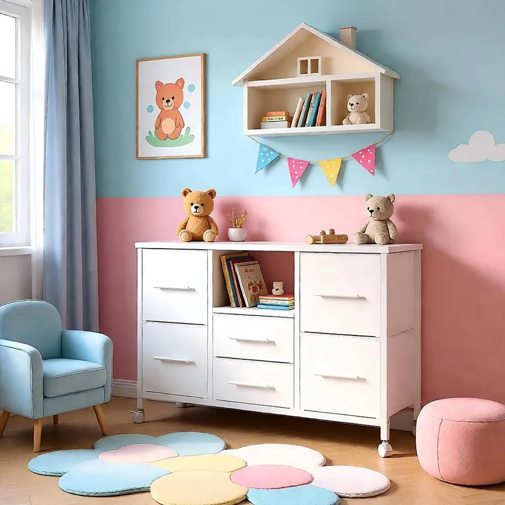 Commode de Rangement 6 Tiroirs Tissu avec Roulettes et Plateau Bleu