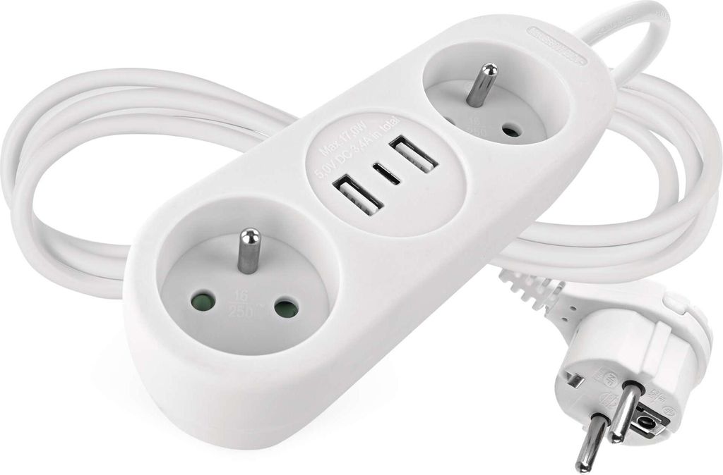 Prodlužovací kabel 1,4 m / 2 zásuvky+2×USB-A+1×USB-C / bílý / PVC / 1,5 mm2