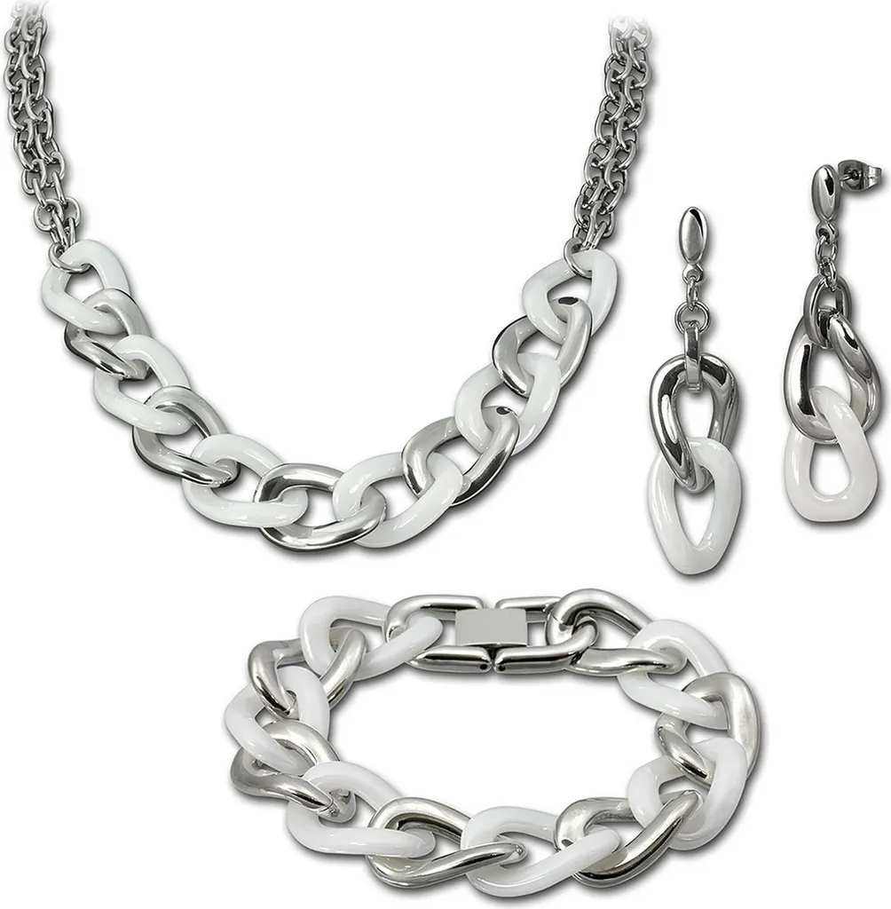 Ensemble Collier et Boucles d'Oreilles Céramique et Acier Blanc Argenté