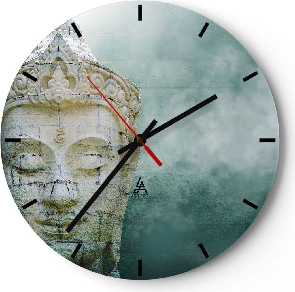 Wanduhr - Rund - Glasuhr - Buddha Grafik Türkis - 30x30cm - Schleichendes Uhrwerk - Lautlos - zum Aufhängen bereit - Dekoration Modern - Wanddeko...