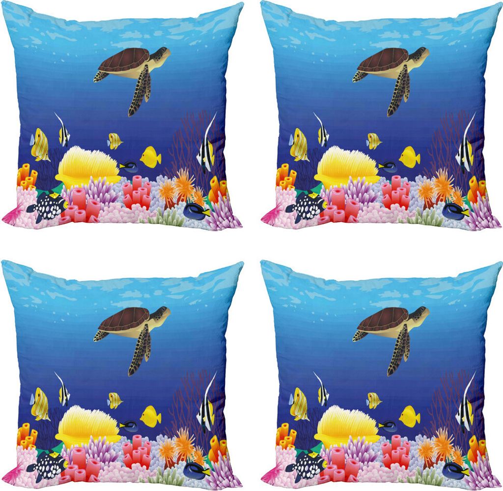 ABAKUHAUS Ozean Kissenbezug Set (4 Stück), Tief Sealife Fisch Moss, Moderner Doppelseitiger Digitaldruck, 45 cm x 45 cm, Mehrfarbig