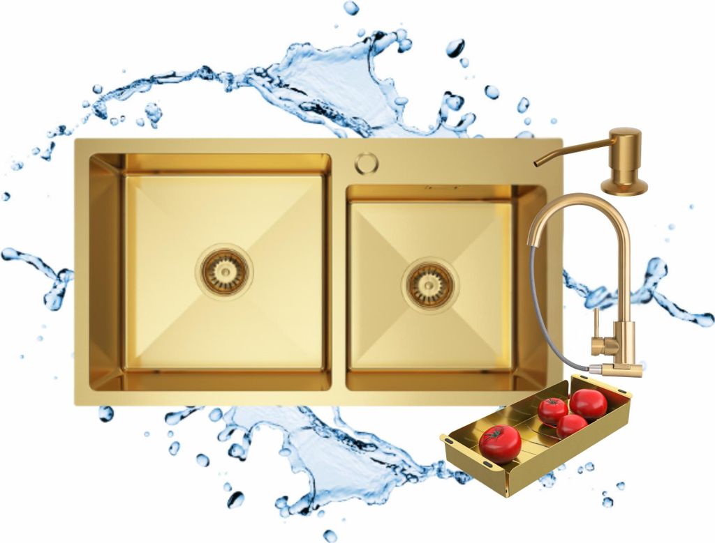 Granitan | Stahlspüle - Spülbecken 2-Kammer - 78x45x21 cm - Rechteckig - Gold - mit ausziehbarer Küchenarmatur - mit Siphon - mit Zubehörset