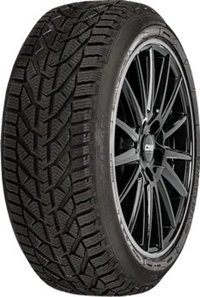 A close-up studio shot of a single car tire mounted on a black alloy wheel.