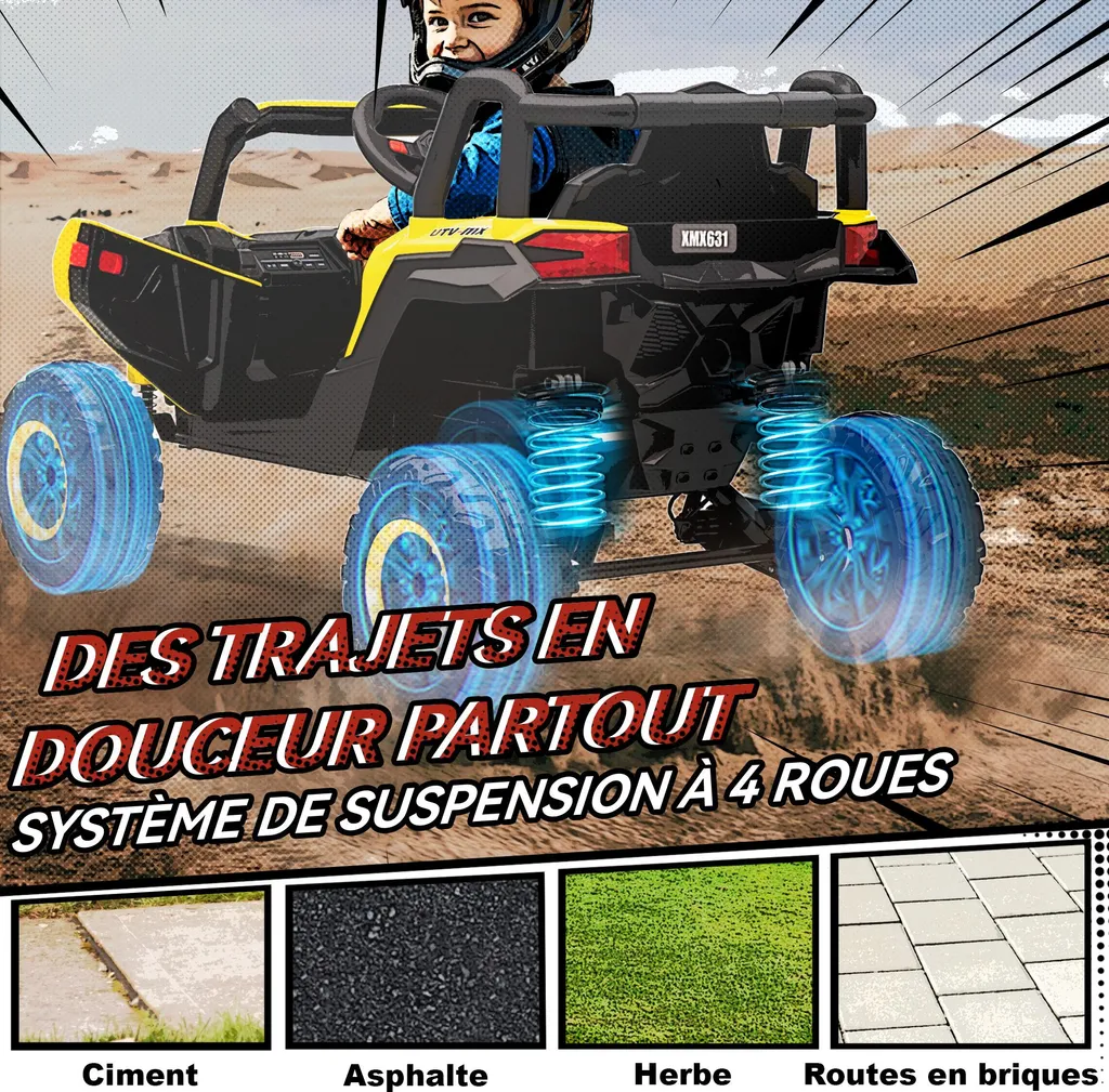 Voiture UTV 12V jaune pour enfant avec télécommande et roues robustes - 10