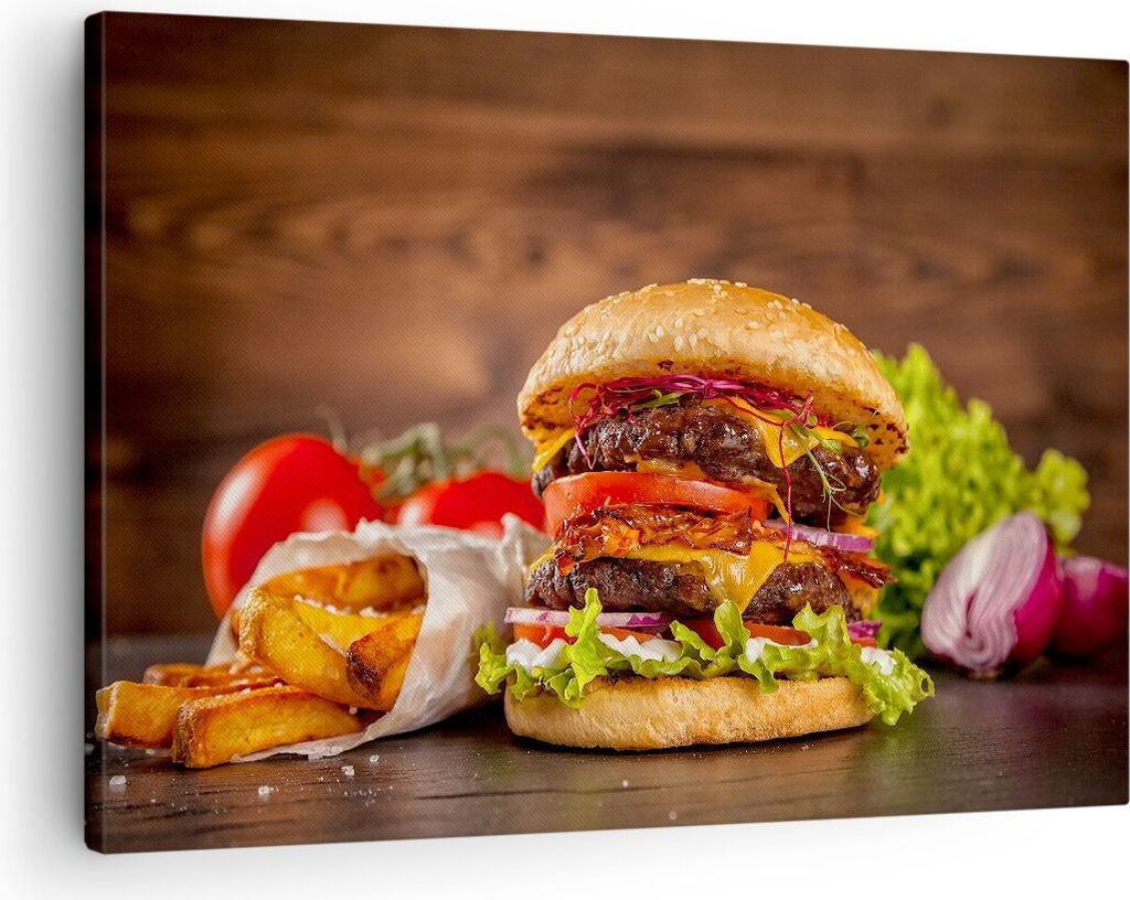 Bild auf Leinwand - Leinwandbild - Hamburger Sandwich - 70x50cm - Wand Bild - Wanddeko - Wandbilder - Leinwanddruck - Bilder - Kunstdruck - Wanddek...