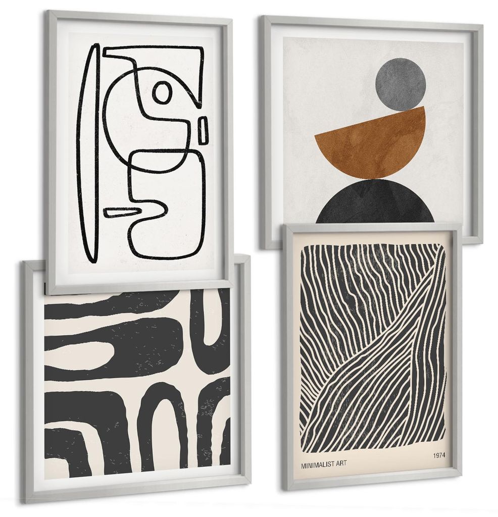 Bilder Set 4-teilig im silbergerahmten Rahmen – Wandbilder 4 Stück – gerahmte Poster für Wohnzimmer, Schlafzimmer und Flur – 50x50 cm - 40x...