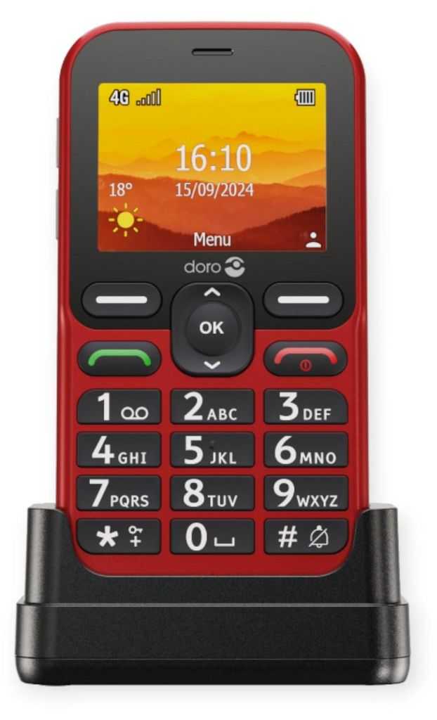 A red Doro Leva L10 mobile phone is shown in its charging dock against a white background.