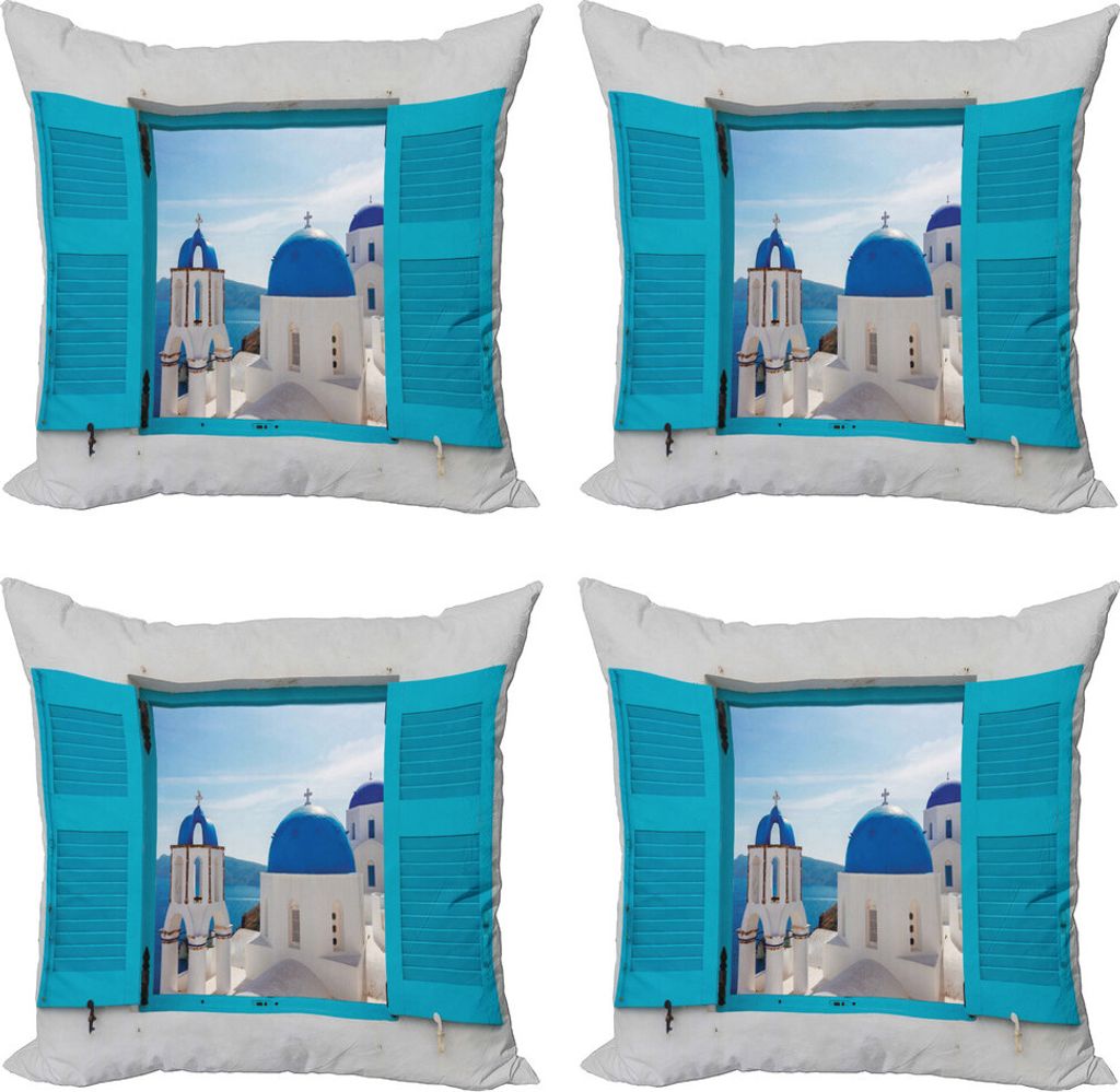 ABAKUHAUS Landschaft Kissenbezug Set (4 Stück), Griechenland Oia Gebäude, Moderner Doppelseitiger Digitaldruck, 50 cm x 50 cm, Aqua-Blau-Weiß