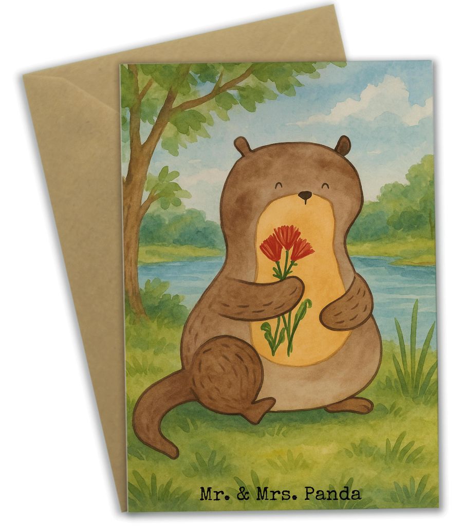 Mr. & Mrs. Panda Grußkarte Otter Blumenstrauß Design - Weiß - Geschenk, Seeotter See, Niedlich, Süß, osterkarten, genesungskarte, weihnachtska...