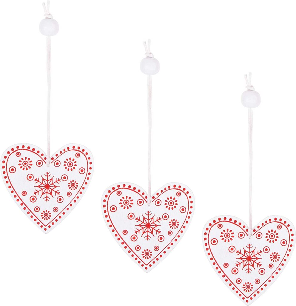 SPRINGOS Holzanhänger Weiß mit roten Ornamenten 3 STK. Weihnachtsschmuck Dekoration Christbaumschmuck (Herzen)