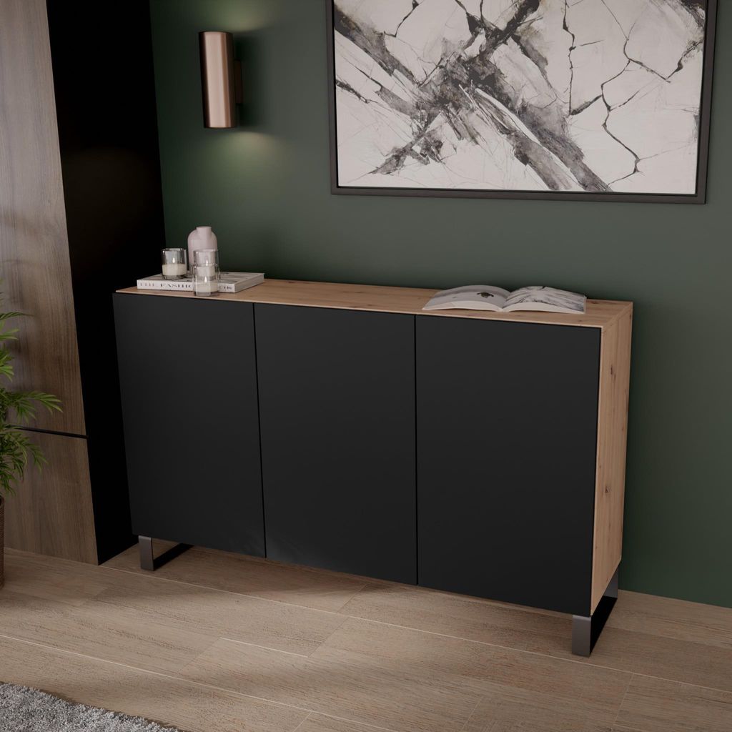 Rustikale Kommode im schwarz und braun Cici Sideboard mit Regalen und 3 Türen Wohnzimmerkommode im Loft Stil, Farbe: Schwarz