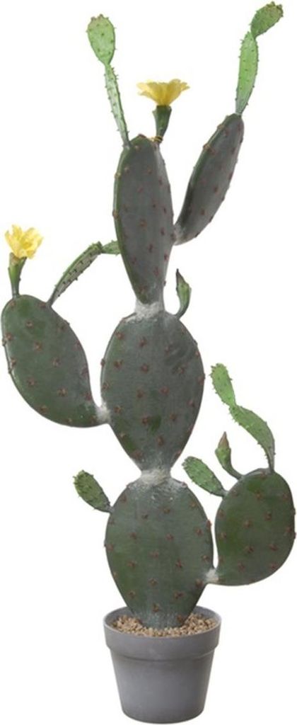 artplants.de Kunst Feigenkaktus Leodora mit Blüten, Kunsttopf, grün-gelb, 105cm - Deko Kaktus