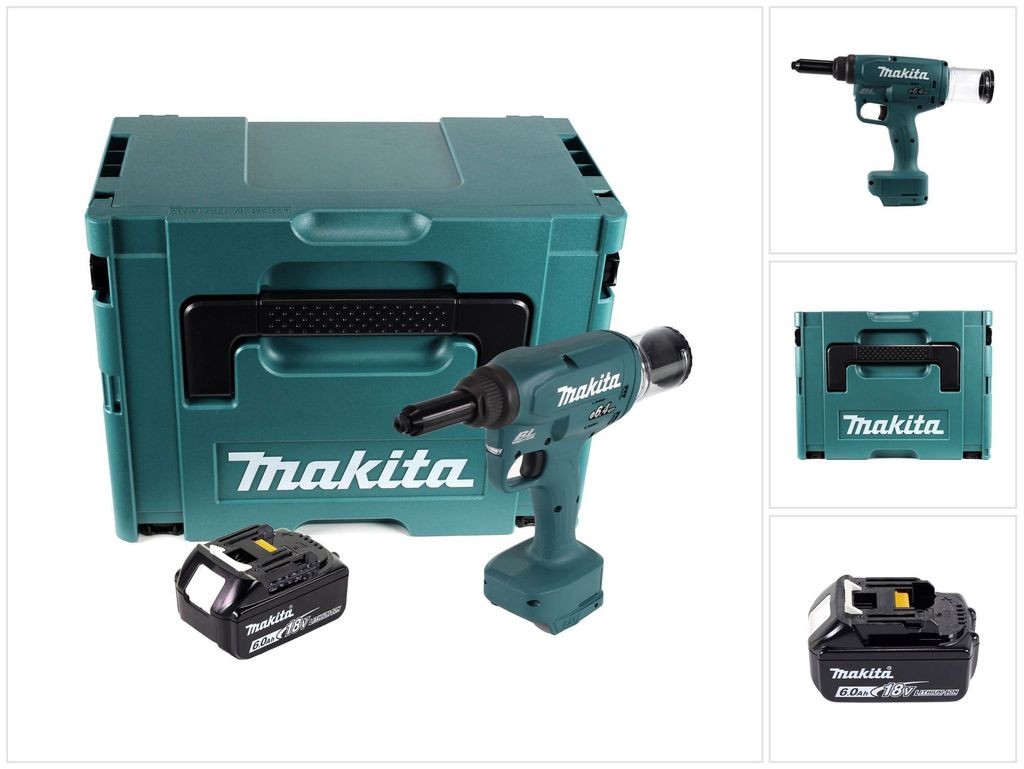Makita DRV 250 G1J Akku Blindnietsetzgerät 18 V 20 kN Brushless + 1x Akku 6,0 Ah + Makpac - ohne Ladegerät
