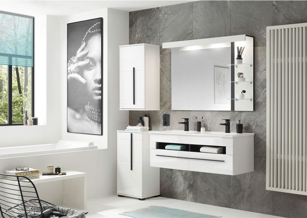 Badkombination 4-tlg. CHARLESTON-61 in Hochglanz weiß, B/H/T: ca. 175/200/45 cm