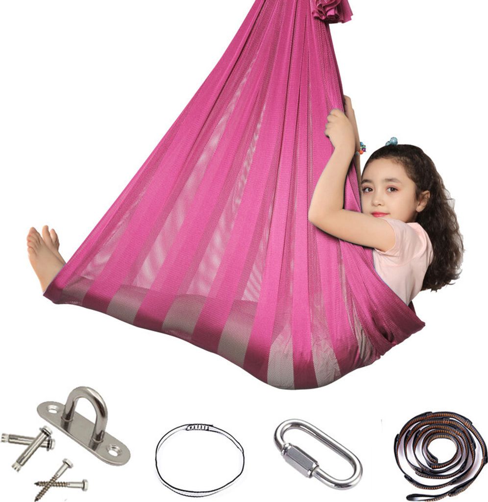 Kinderhängematte, Sensorische Schaukel für Kinder drinnen und draußen, Soft Mesh Layer Reversible Therapie Schaukel, Rose Red