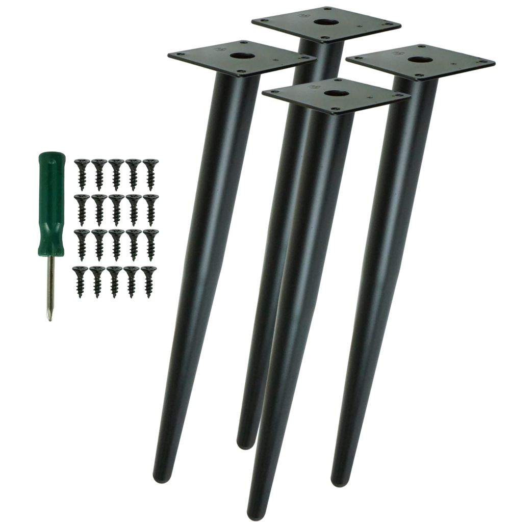 Four black metal table legs and a screwdriver with screws are arranged on a white background.