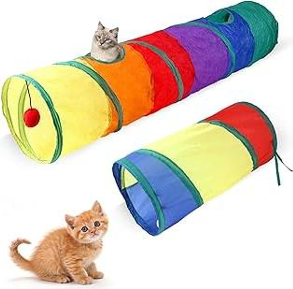 Katzentunnel, 2 Stück Faltbarer Katzen Kaninchen Tunnel 2-Wege Hundetunnel mit Löchern Bunt Kaninchentunnel Spieltunnel Katze für Innen und Auß...