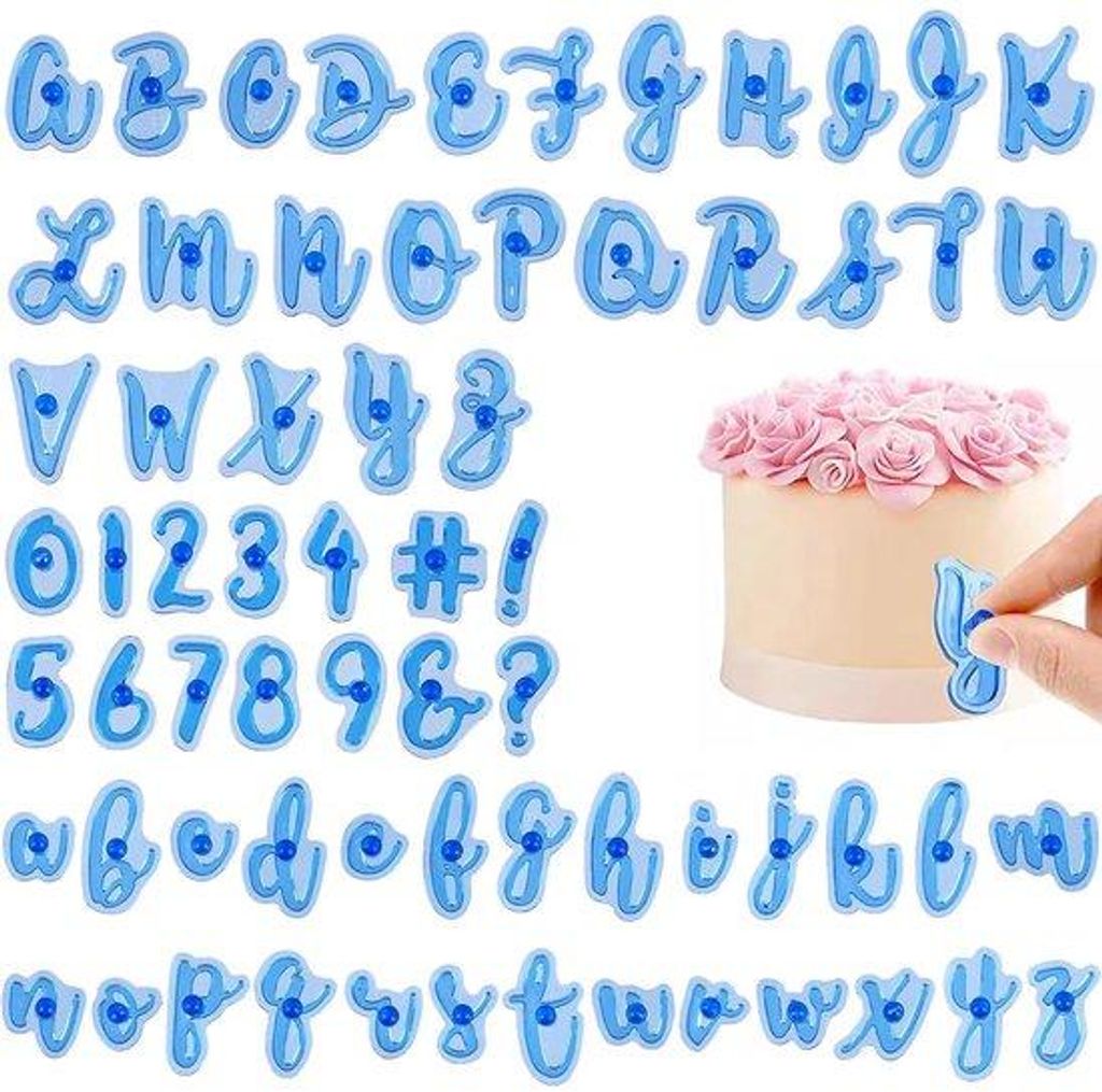 Alphabetschablonen, 66-teiligeset, blauw, herstellbare Buchstaben und Ziffern für Torte und Kuchen.