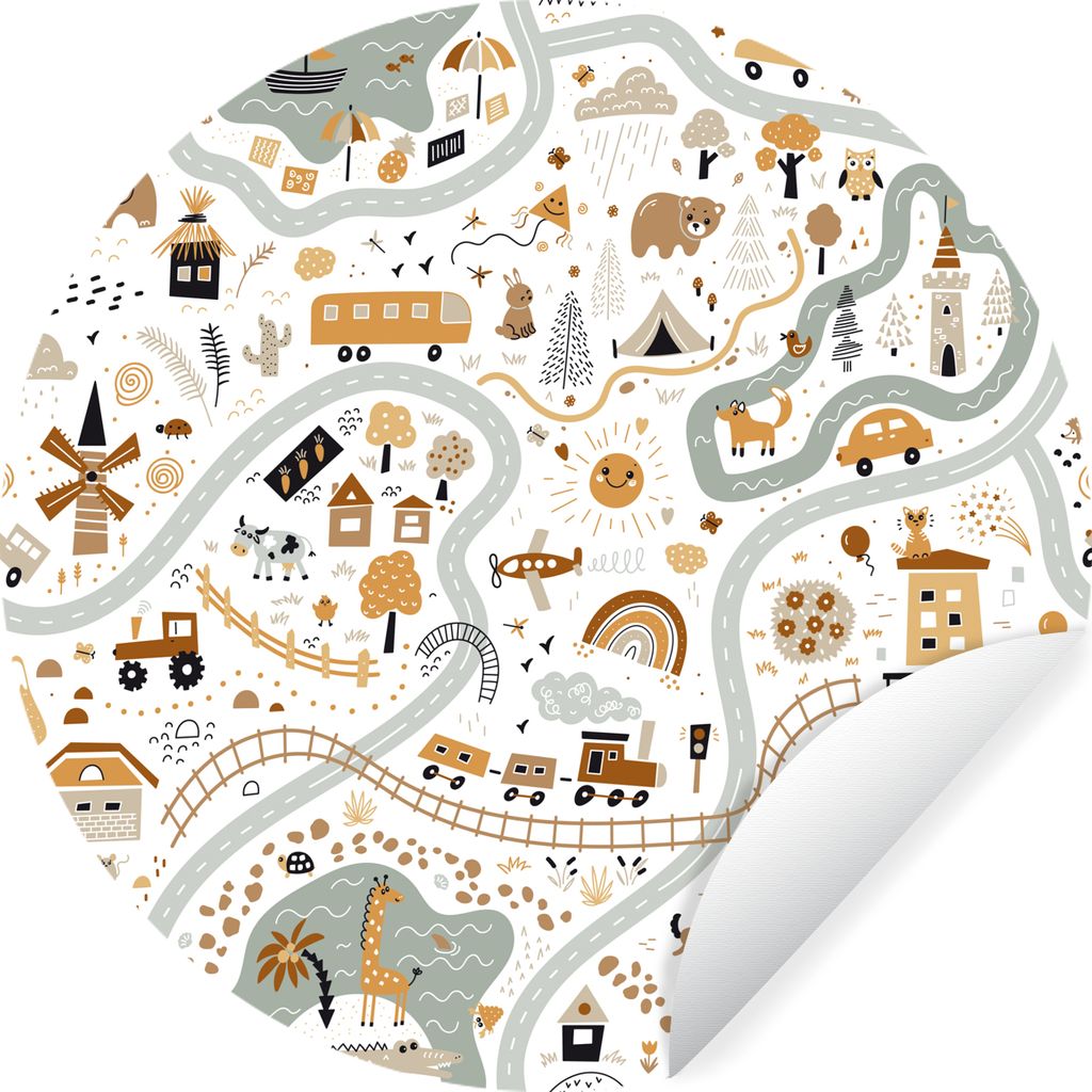 MuchoWow Runde Wandtattoo - Wandsticker Tapete Aufkleber Auto - Tiere - Kinder - Straßen Ø 80 cm Selbstklebend und Repositionierbar - Wandaufkl...