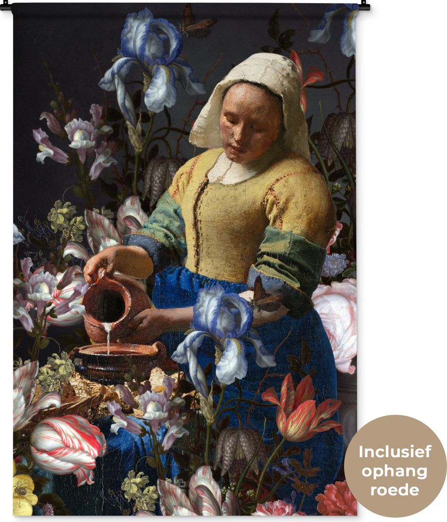 MuchoWow Wandteppich Wandbehang Milchmädchen - Johannes Vermeer - Blumen 120x180 cm Tapisserie Dekoration Wandtuch - Schlafzimmer - Dekorationen...