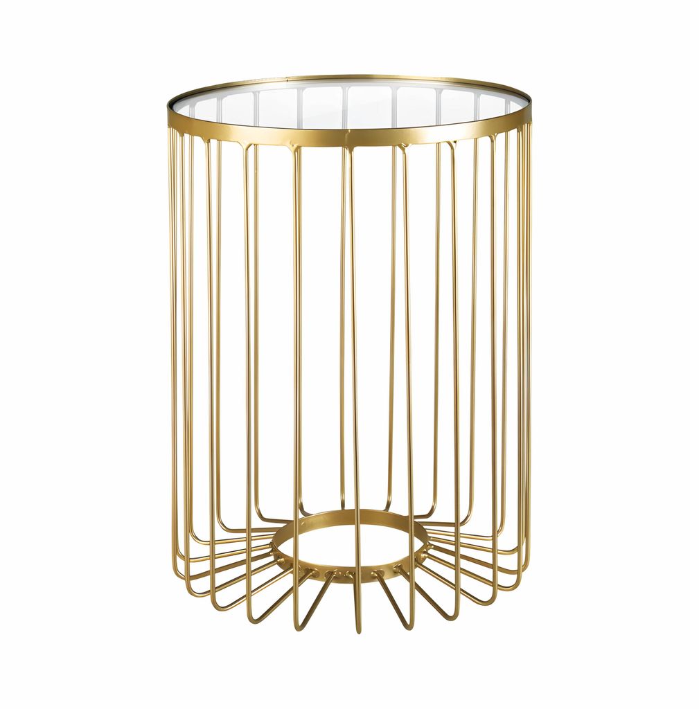 Beistelltisch Ø 32 Rund Tisch Couchtisch Korb Metall Glas Gold Nachttisch Sicherheitsglas kleiner Glastisch