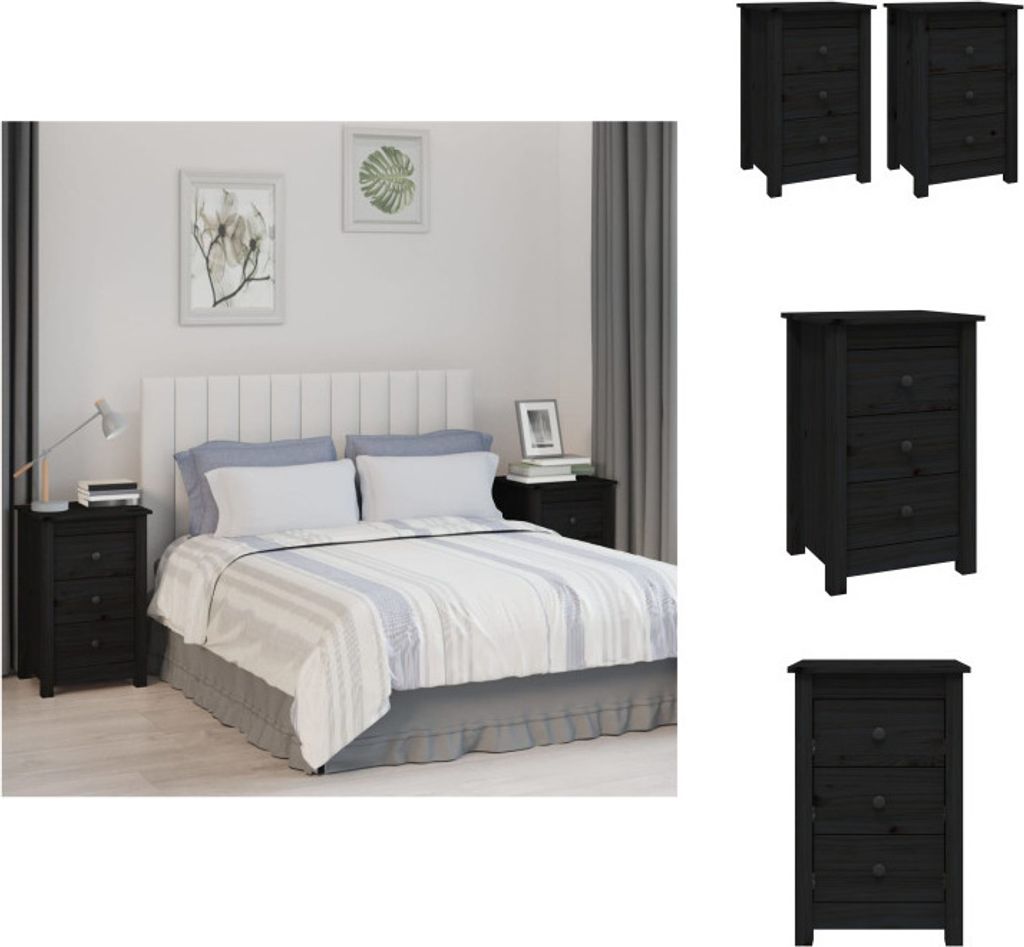 vidaXL Nachttische 2 Stk. Schwarz 40x35x61,5 cm Massivholz Kiefer - Nachttische