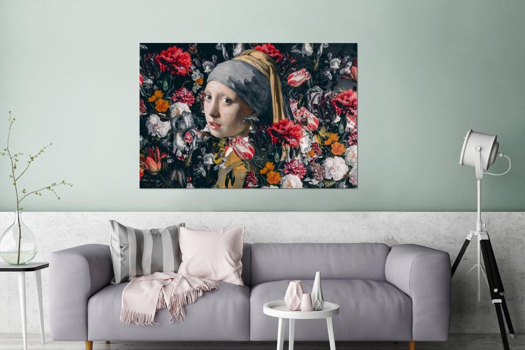 MuchoWow Wanddekoration Metall Metallbild Wandkunst 120x80 cm Das Mädchen mit dem Perlenohrring - Johannes Vermeer - Blumen MuchoWow Aluminium Gem...
