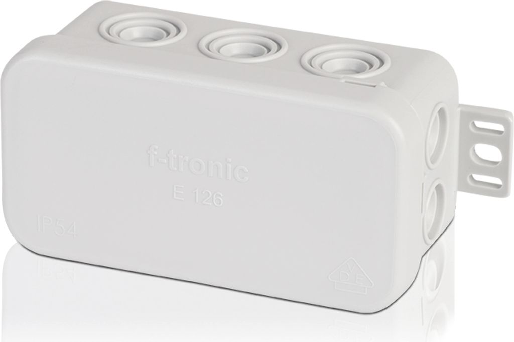 A white electrical junction box with multiple entry points and embossed text.