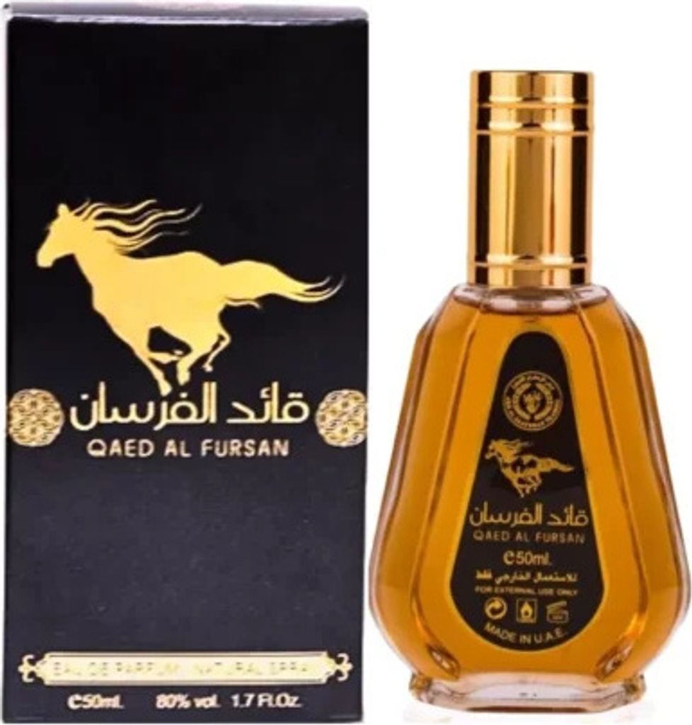 A perfume bottle and its packaging are displayed against a white background.