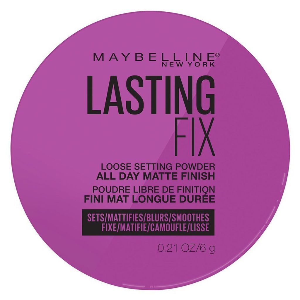 A top-down view of a round purple makeup compact with black text.