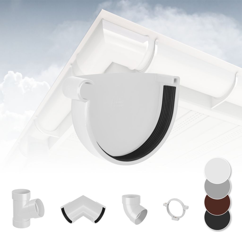 RAINWAY S Regenrinnen System (Rinnenendstück mit Dichtlippe links weiß) - PVC-U Kunststoff in 4 Farben, für Dachflächen < 100m² empfohlen, End...
