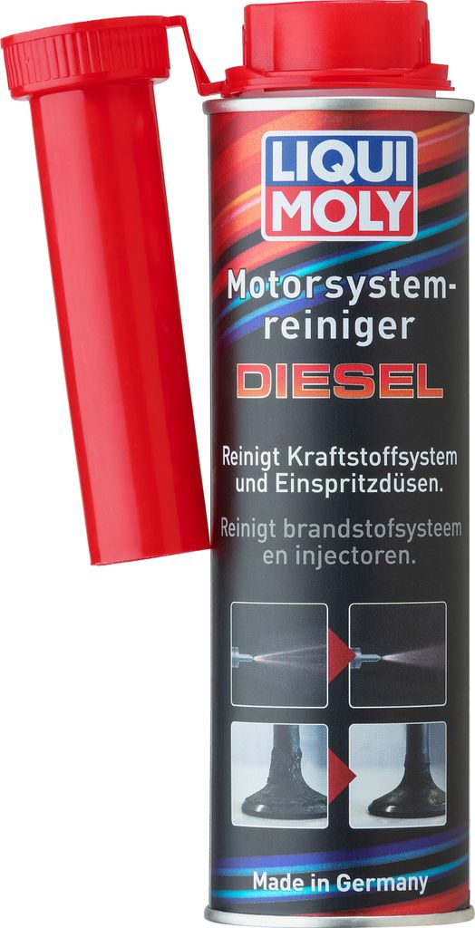 A can of Liqui Moly Diesel system cleaner with its red nozzle attachment is shown against a white background.