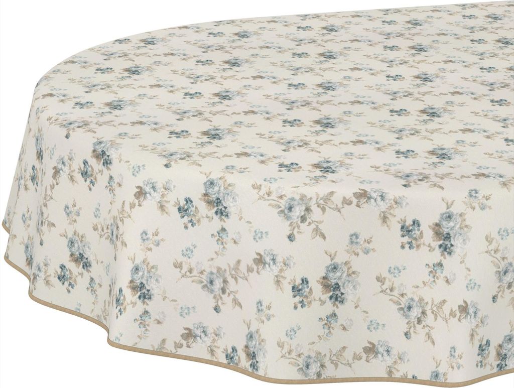 Tischdecke Zeitlos Rosen Blau Oval 280x140cm Band Wasserabweisend abwaschbar