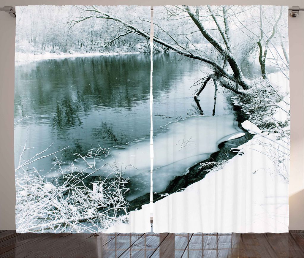 ABAKUHAUS Wald Rustikaler Gardine, Winter Snowy Laub, Schlafzimmer Kräuselband Vorhang mit Schlaufen und Haken, 280 x 175 cm, Türkis Weiß