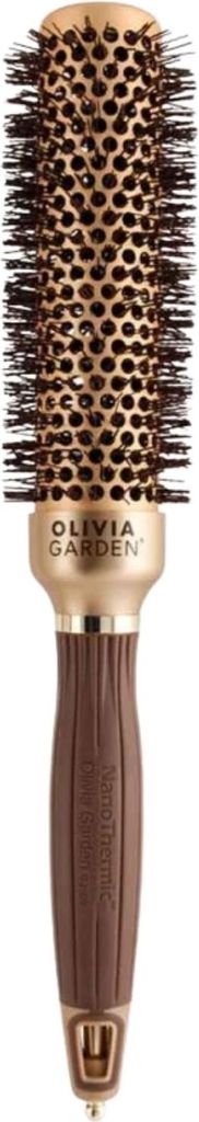 A close-up studio shot of a round hairbrush.