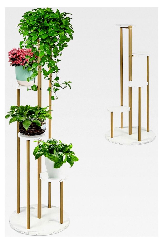 Pflanzenständer mit 4 Ebenen aus Metall und Holz, Blumentreppe mit Marmormuster für den Innenbereich, 40 x 122,5 cm (Gold+Weiß)