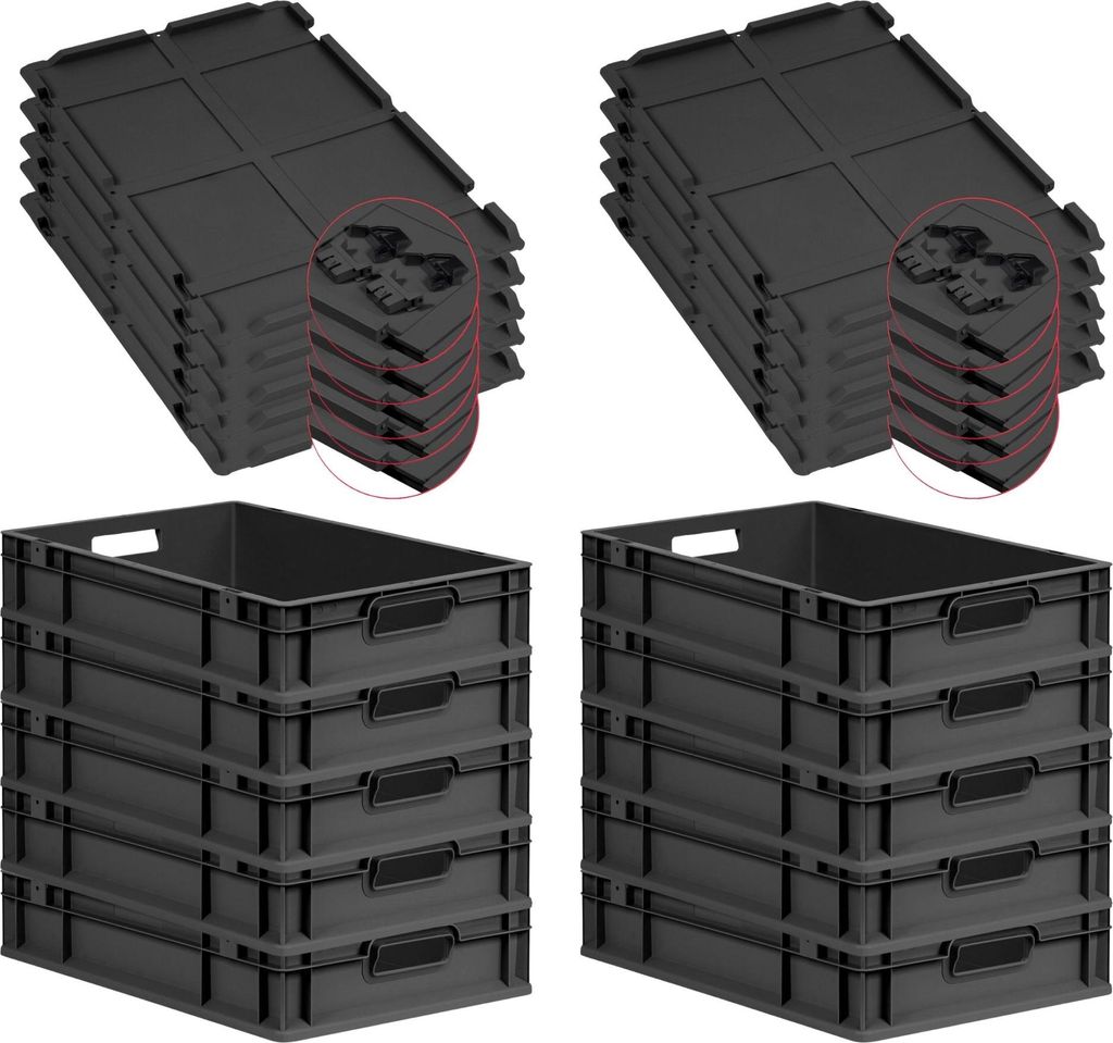 SuperSparSet 10x Eurobox NextGen Grip mit Scharnierdeckel und schwarzen Schiebeschnappverschlüssen | HxBxT 12x40x60cm | 23 Liter | Schwarz | Griff...