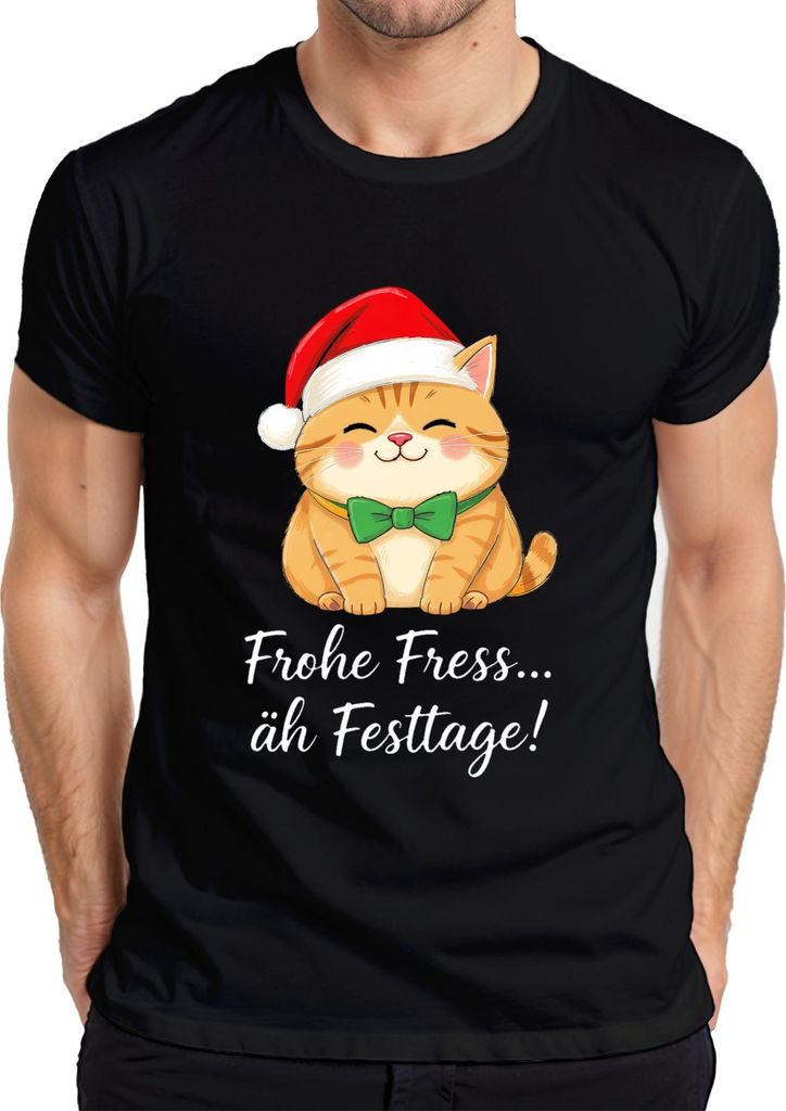 Frohe Fress äh Festtage Katzenliebhaber Katze Weihnachten lustig Herren T-Shirt, Schwarz, XXL