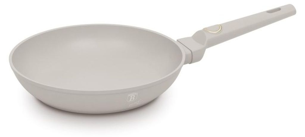 A light gray frying pan with a gray handle is shown against a white background.