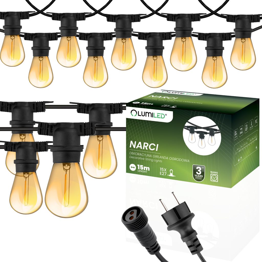 LUMILED Lichterkette Außen 15 Meter mit 15 E27 LED 1,3W Amber Glühbirne Warmweiß 2200K 230V Birnen für Garten Biergarten Party Hochzeit Dekorat...