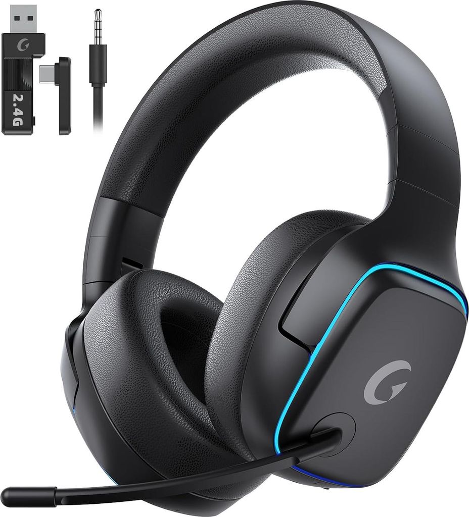 Kabelloses Gaming Headset 4-in-1 Bluetooth 5.3 2.4GHz mit Mikrofon, 7.1 Surround Sound, 70 Std. Akku, RGB Beleuchtung, kompatibel PS5, PS4, PC, Switch