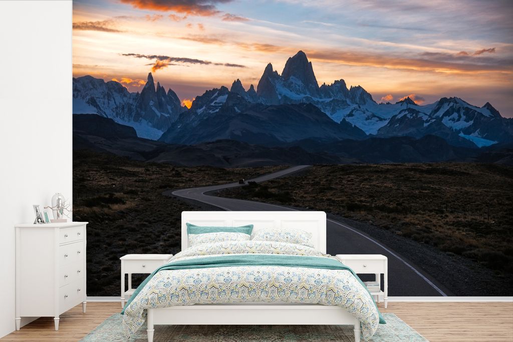 MuchoWow Fototapete für Wohnzimmer oder Schlafzimmer Wandtapete Vinyl Motivtapete Sonnenuntergang hinter den Bergen im Nationalpark Patagonien -...