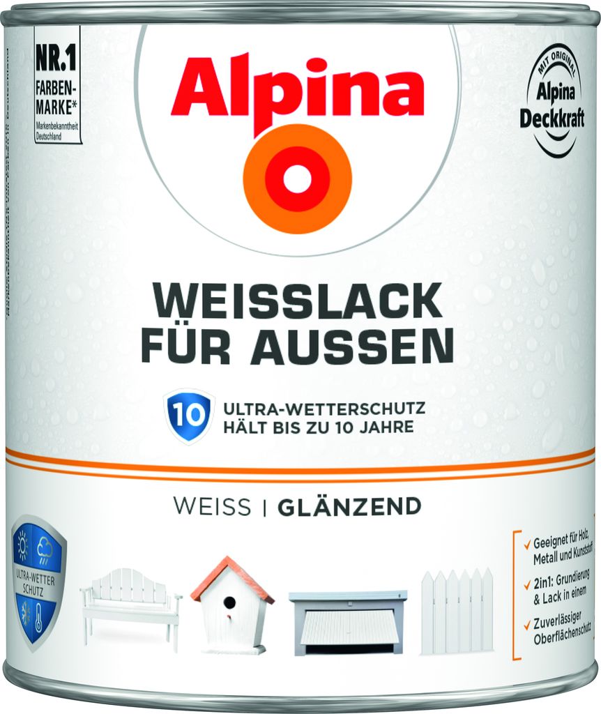 Alpina Weißlack für Außen 2 Liter glänzend Produktbild 