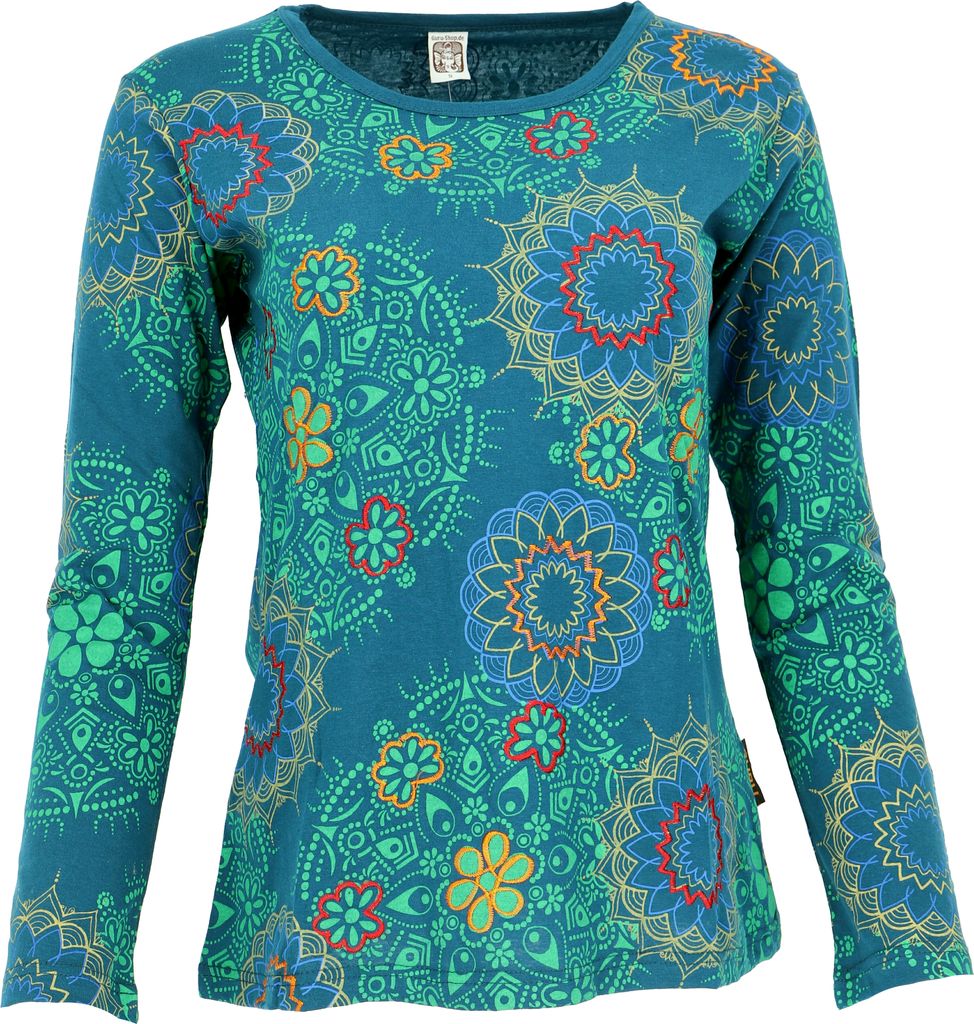 Besticktes Langarmshirt Hippie Chic Retro - Türkisblau, Damen, Baumwolle, Größe: XL