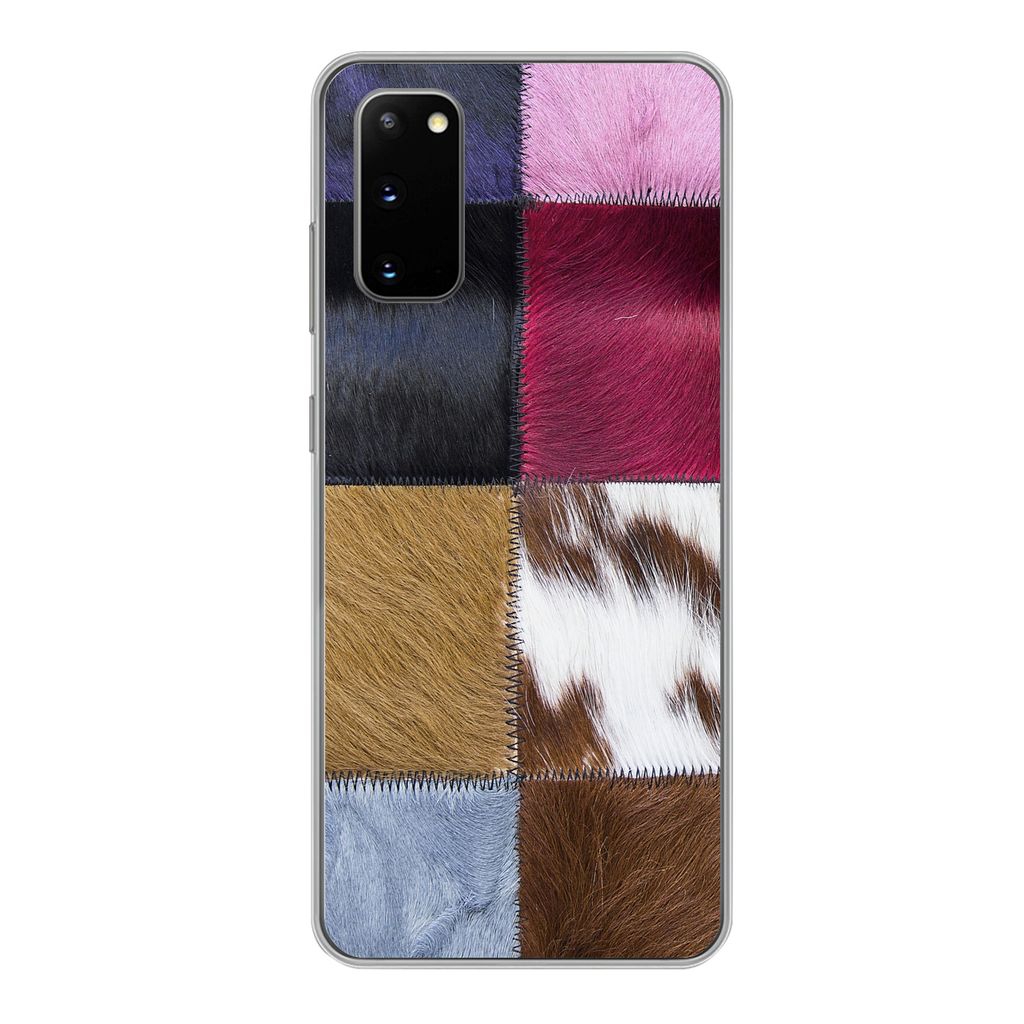 MuchoWow Handyhülle Schutzhülle Hülle für Samsung Galaxy S20 Ein farbenfroher Karoteppich mit unter anderem Kuhfell Silikon Softcase Handy H...