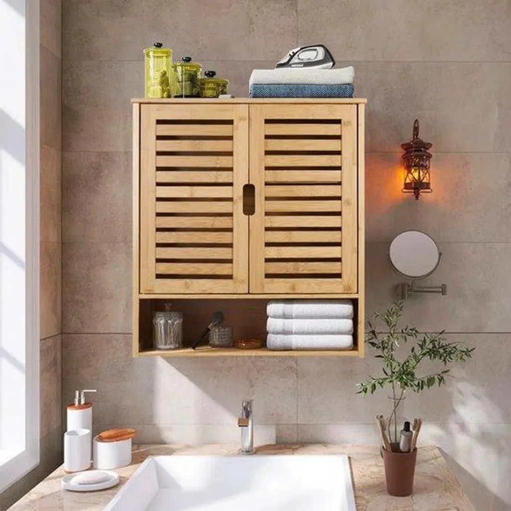 Meuble de rangement mural bois - Étagère salle de bain avec étagères