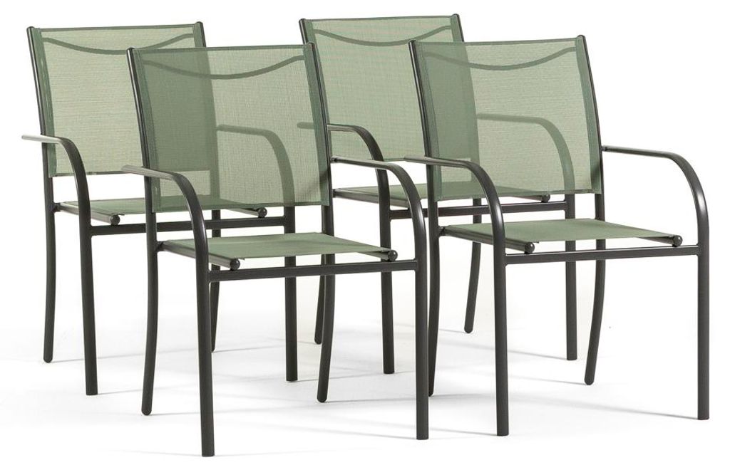 4er Set stapelbare Gartenstühle mit Armlehnen aus Stahl und 2x1 Textilene für Terrasse, Balkon, Veranda, Bar und Restaurant, platzsparend und wet...