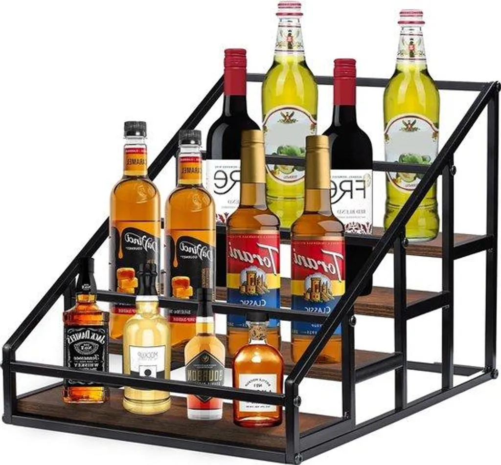 Meuble de rangement cuisine avec porte-bouteilles bois et métal noir