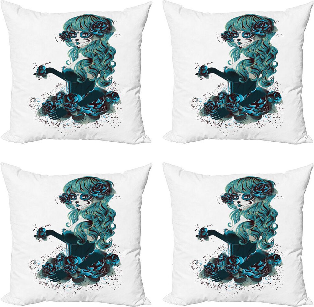ABAKUHAUS Schädel Kissenbezug Set (4 Stück), Grunge Skull Girl Roses, Moderner Doppelseitiger Digitaldruck, 40 cm x 40 cm, Petrol Blau Weiß