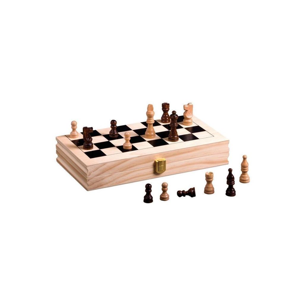A wooden folding chess set with pieces arranged on the board and some pieces scattered around it.